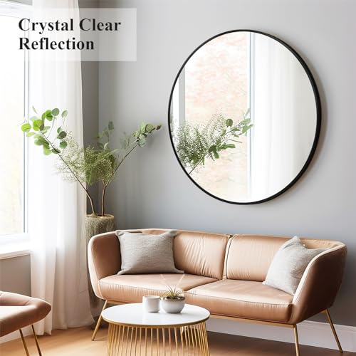 30 Inch Black Round Wall Mirror - Matte Framed Bathroom Mirror with Two Mounting Holes