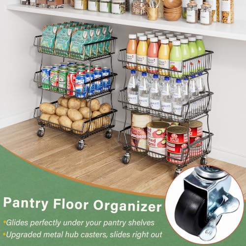 3-Tier Pantry Storage Cart with Upgraded Metal Casters - Black