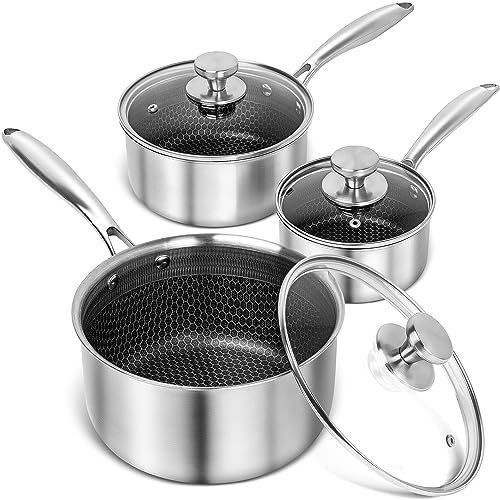 Michelangelo Triply Stainless Steel Saucepan Set 1Qt 2Qt 3Qt Honeycomb Interior