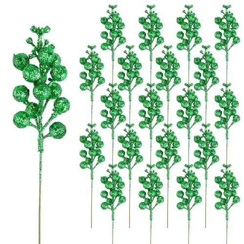 DIYASY Green Glitter Berry Stems,20Pcs Artificial Xmas Picks and Sprays Christmas Tree Filler Branches Ornaments Holiday Wreath Garland Decorations Home D?cor 7.8 Inch