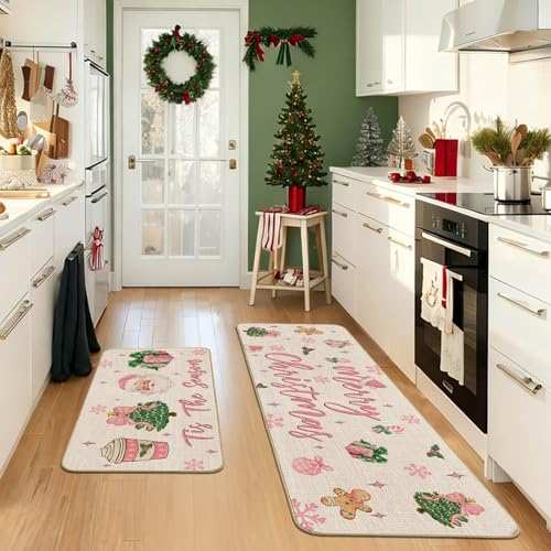Pink Christmas Kitchen Rugs Set - Santa, Tree & Bow Holiday Floor Mats 17x27 & 17x47 inches