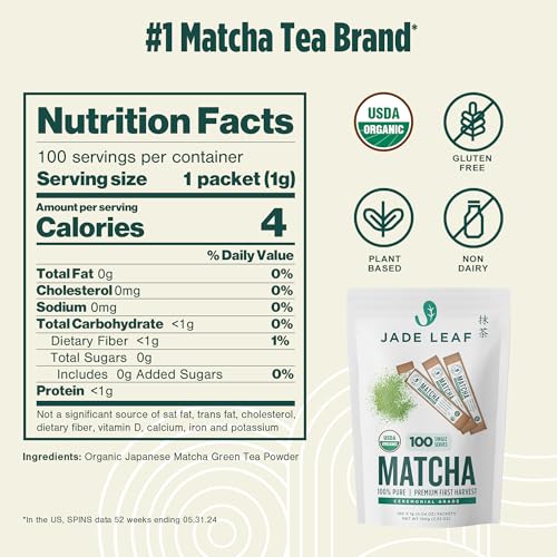Ceremonial Matcha Green Tea Powder - Organic, 100 Packets, 0.04 oz Each