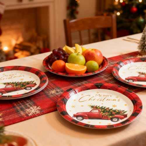 50 PCS Christmas Paper Plates, 7'' Christmas Party Plates, Disposable Red Truck Tree Design Merry Xmas Holiday Dinnerware for Xmas Party Supplies Winter Decorations