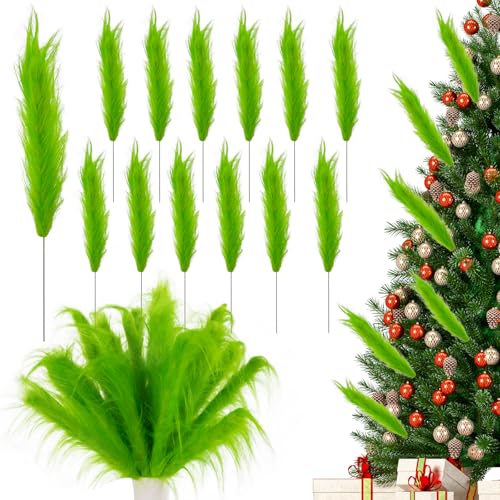 Bosctanuc 12 Pcs Green 14in Furry Pampas Grass Picks Christmas Tree Toppers & Vase Fillers - Lime Green Yuletide Decor (Variant 12)
