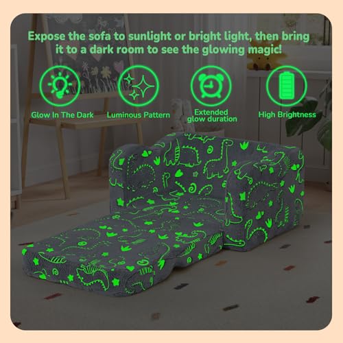 MeMoreCool Gray Glow in the Dark Dinosaur Kids Couch & Bed, Fold-Out Toddler Sofa