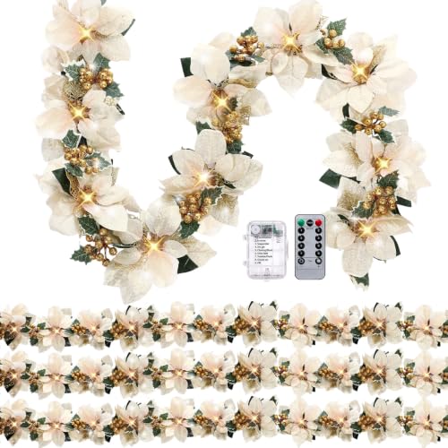 Zubebe Champagne Prelit Poinsettia Christmas Garland 6.5 ft with Remote & 8 Modes