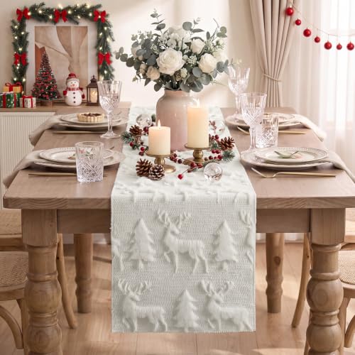 Cream White Christmas Faux Fur Tree Elk Table Runner 13x72 Inch - Windkream Snowy Holiday Decor
