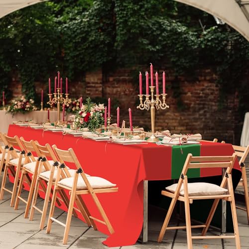 Red & Green Satin Table Runner and Plastic Tablecloth Set - 12 Pack
