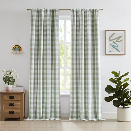 84 Inch Sage Green Buffalo Plaid Blackout Curtains - Pack of 2, 40"W x 84"L