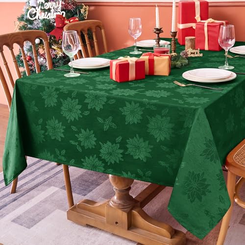 Hunter Green Poinsettia 60x144 Inch Christmas Tablecloth - Elegant Jacquard Holiday Decor
