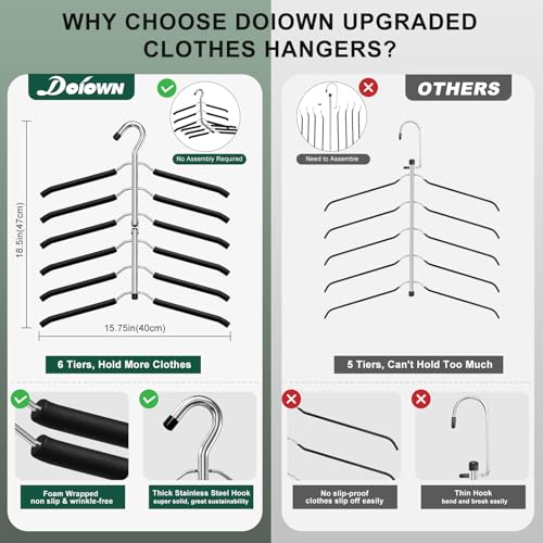Space Saving 6-Tier Clothing Hangers with Non-Slip Foam Padding - Black, 3 Pack
