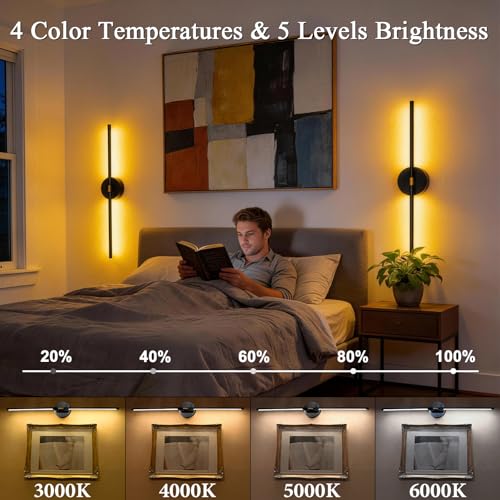 iThird Black Wireless Rechargeable Wall Sconce Set of 2 - 10,000mAh, 31.5 Inch, Dimmable & 360° Rotatable, Touch & Remote Control for Bedroom Living Room Hallway