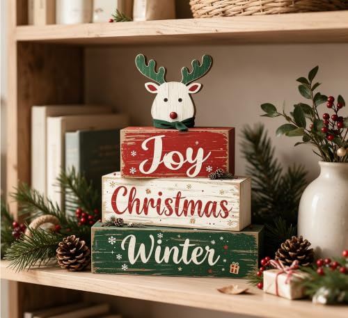 Elk Reindeer Christmas Wooden Tiered Tray Decor with Joy Winter Sign - Rustic Farmhouse Holiday Tabletop Display