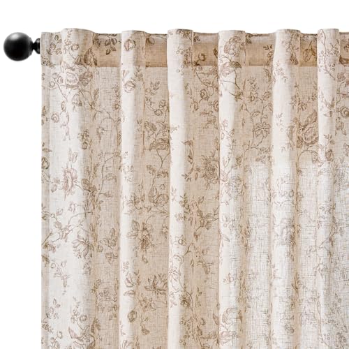 Amlie Taupe Linen Farmhouse Floral Curtains 84 Inch, 2 Panels, Rod Pocket - Pack of 2