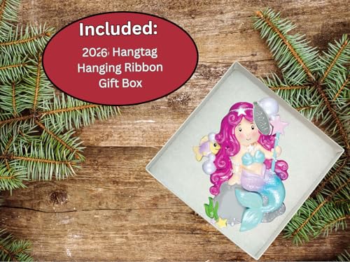 Pink Mermaid Ornament with Star Wand & Fish - Personalizable Christmas Decor - Mermaid Variation