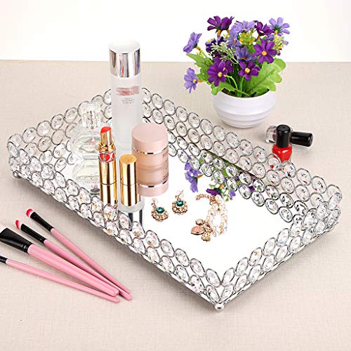 Hipiwe Crystal Mirror Perfume Tray Large Silver 13.8" x 7.9" Vanity Organizer
