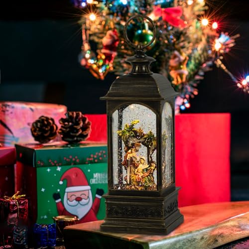 Eldnacele Bronze Nativity Snow Globe Lantern with 6 Hour Timer - USB/Battery Operated