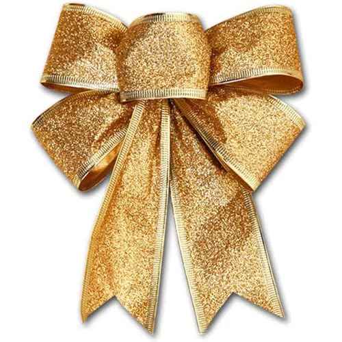 Glitter Christmas Bows Decor - 7.1x16.2 in Gold Bow Ornaments for Christmas Tree & Wreaths - Xmas Decorations for Home & Party