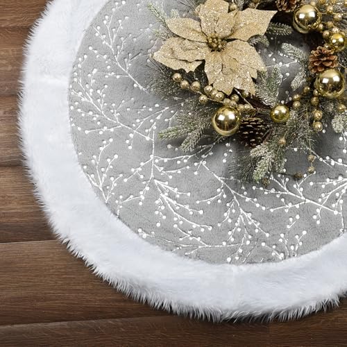 Grey 48in Thick Faux Fur Christmas Tree Skirt | PWHUQ Xmas Tree Base Mat