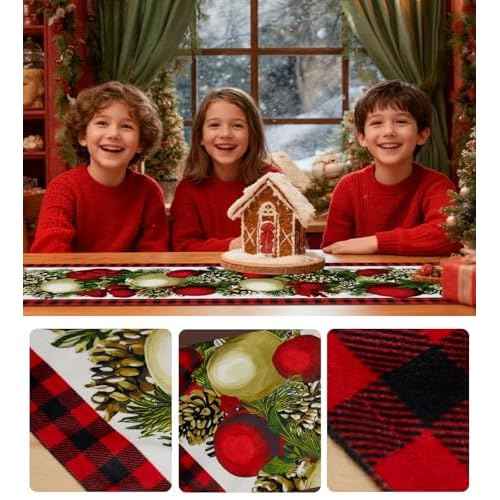 Christmas Table Runner,13''X72'' Seasonal Christmas Decorations Table Runner, Red and Black Buffalo,Perfect for Party Dinner Table Decor,Kitchen,Mantel,Bedroom Decoration