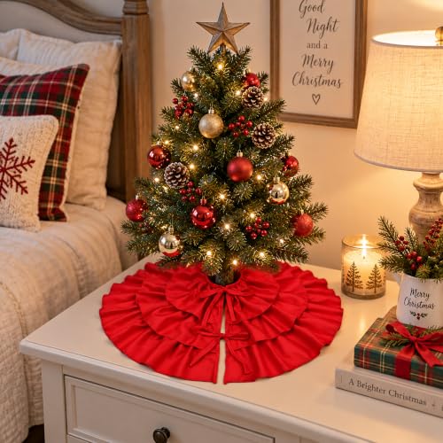 Ivarunner 24 Inch Red Mini Christmas Tree Skirt with 3-Tier Ruffles – Tabletop Tree Mat for 2–3 ft & 4 ft Slim Trees