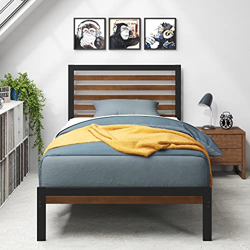 Black Twin Zinus Kai Bamboo & Metal Platform Bed Frame with Slats and Headboard