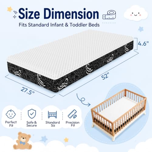 Baby Crib Mattress 52 x 27 Dual-Sided Memory Foam with Waterproof Cover - Black & White Variation