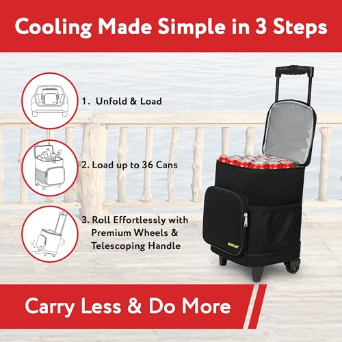 Collapsible Insulated Cooler Bag with Wheels - Leak-Proof Travel Trolley - Black - 36 Cans