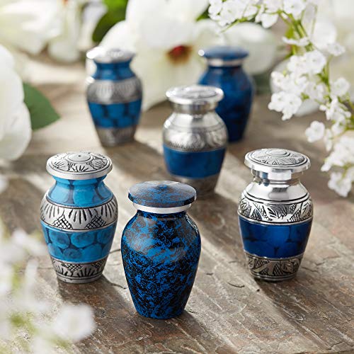 Mini Cremation Urns Set of 6 - Blue & Silver Keepsake with Velvet Case