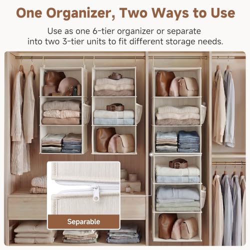 Hanging Closet Organizer with 6 Shelves - 2-in-1 Ivory & White, 12.5"D x 12.5"W x 47.25"H