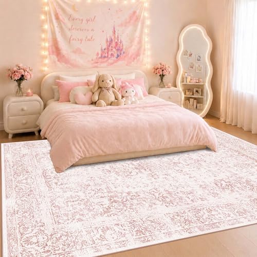 Pink Washable Area Rug 6x9 for Girls Bedroom & Living Room - Light Pink