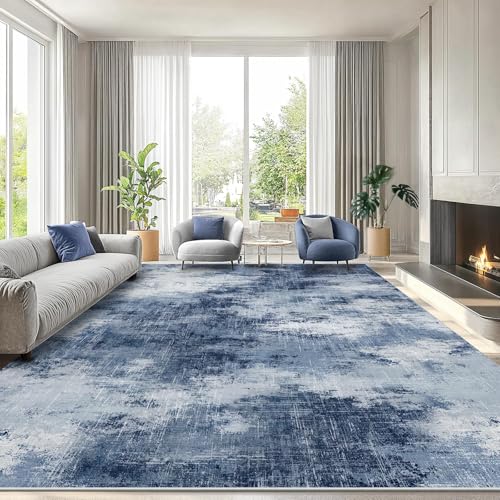 Blue Abstract Area Rug 8x10 ft - Washable Modern Living Room Carpet - Dark Blue