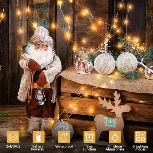 Timer Fairy Lights Battery Operated 2 Pack 16.4Ft 50 LEDs Silver Copper Wire Twinkle String Lights with Timer 5 Lighting Modes for Christmas Bedroom Wedding Parties Holiday Decorations (Warm White)