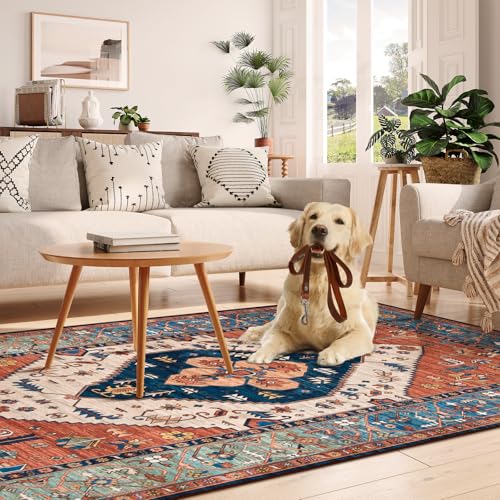 6x9 Rust Oriental Washable Rug - Non-Slip Vintage Area Carpet for Living Room