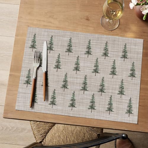 Green Xmas Tree Vinyl Placemats Set of 6 12x18 Inch Waterproof Non-Slip Holiday Table Mats