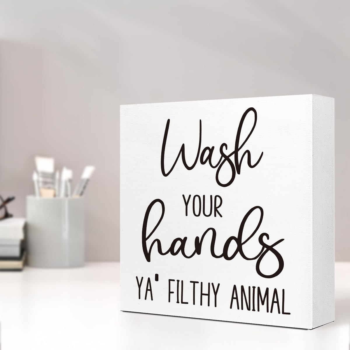 LVQHI Funny Wash Your Hands Sign - Rustic Bathroom Decor for Shelves & Tabletops