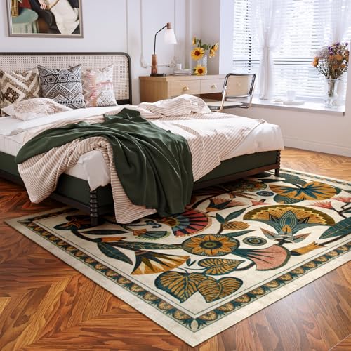 Egyptian Floral Washable Area Rug - Beige 5x7 Boho Vintage Non Slip Carpet