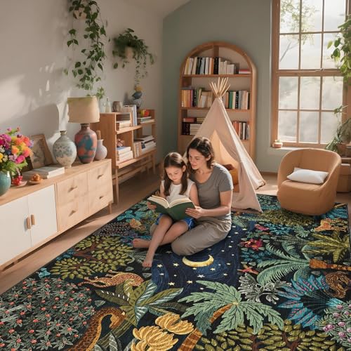 Blue 8x10 Jungle Animal Area Rug for Living Room & Bedroom - Washable Non-Slip Floor Mat