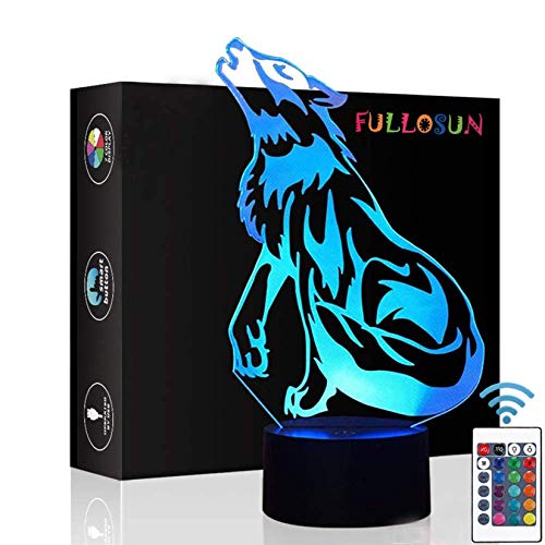 FULLOSUN Wolf Gifts, 3D Night Light for Kids Optical Illusion Lamp Co-Sleeping,Remote Controller with 16 Color Changing Birthday Gifts & for Kids, Boys & Men