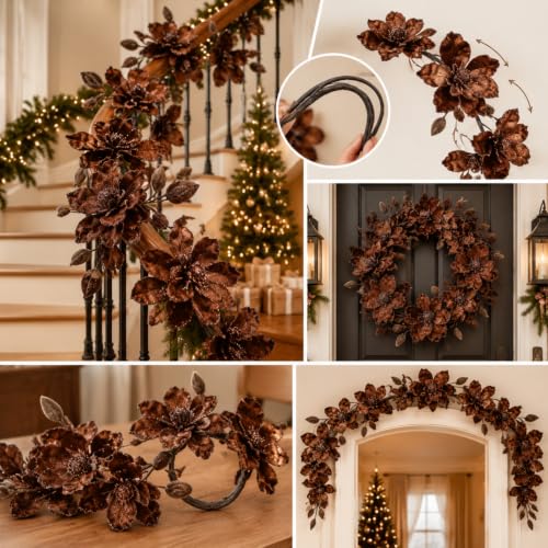 Brown Christmas Velvet Magnolia Flowers Picks 33 Inch Set of 3