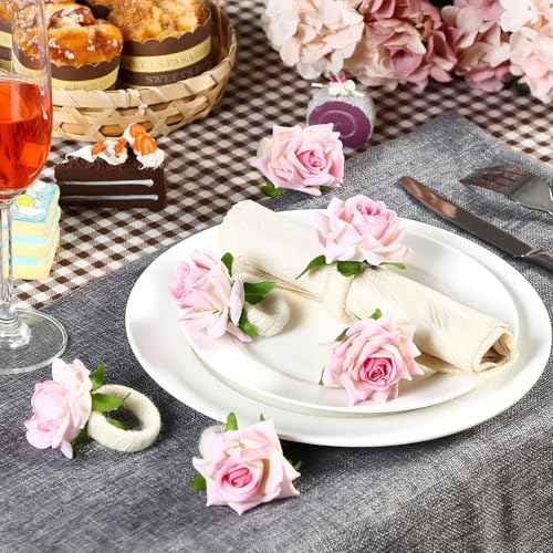Flower Napkin Rings Set of 6 Pink Champagne Rose Flower Handmade Napkin Holder Rings Table Decorations for Summer Wedding Birthday Luncheons Picnics Banquet Thanksgiving Christmas