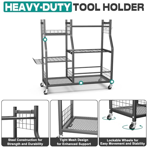 Large Garden Tool Organizer Stand - Heavy-Duty Metal Storage Rack with Wheels