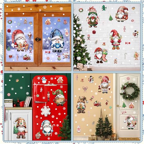 12 Sheets Christmas Gnome Wall Stickers Decorations, Xmas Wall Decals Holiday Gnome Snowflakes Floor Wall Vinyl Stickers for Living Room Bedroom Home Office Decor