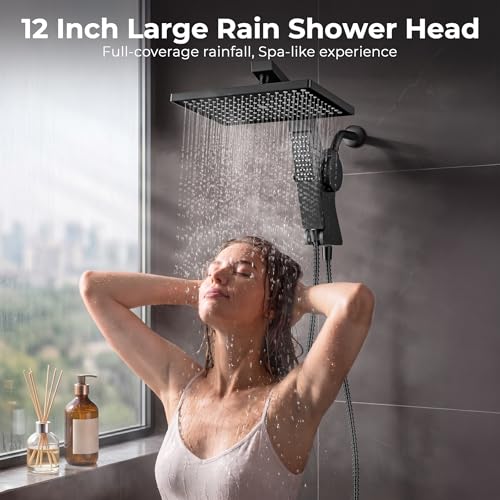 MakeFit Matte Black 12'' Rainfall Shower Head with Handheld Filter & Hidden Detachable Wand