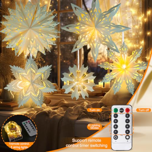 OuMuaMua White 5-Pack Paper Snowflake Lanterns with Lights (5 Designs) Remote-Controlled