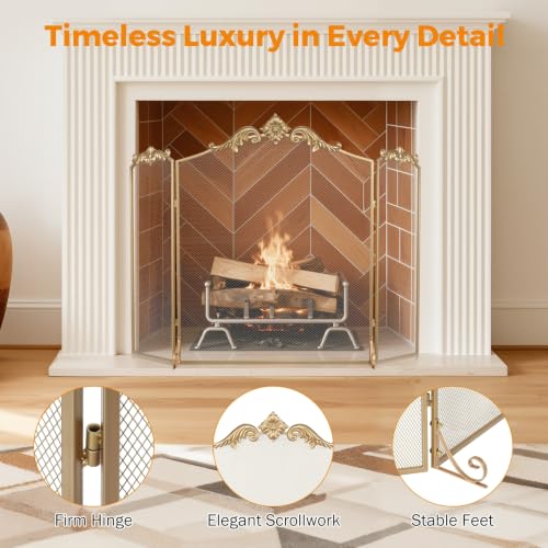 BEAMNOVA Gold Fireplace Screen 50x32 in Baroque Decorative Metal Mesh
