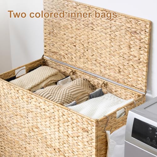 Water Hyacinth Laundry Hamper with Wheels & Lid, 52.8 Gallon, Natural, 3-Section with Removable Liners - 31.5"L x 15.75"W x 25.6"H