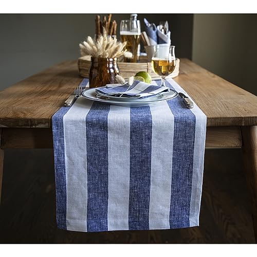 Solino Home Navy & White Stripe 100% Linen Table Runner 14x90 Inches