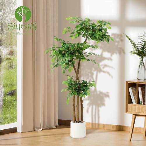 5FT Artificial Ficus Tree in White Planter with Moss & Pebbles - Realistic Home Decor