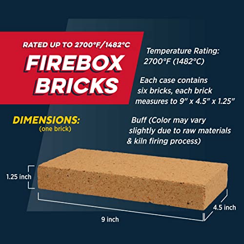 Rutland High-Temperature Fire Brick 9x4.5x1.25 Inch Tan 6-Pack - USA-Made Fire Clay for Fireplace & Pizza Oven
